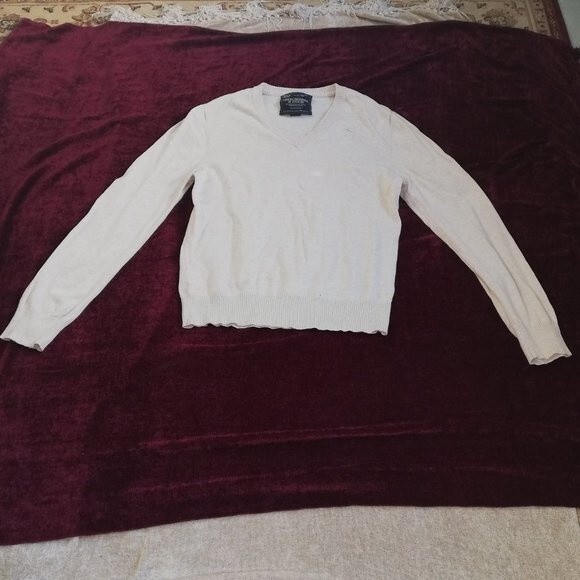 Abercrombie & Fitch Cream Beige V Neck Cotton Sweater Size Large - Picture 1 of 9